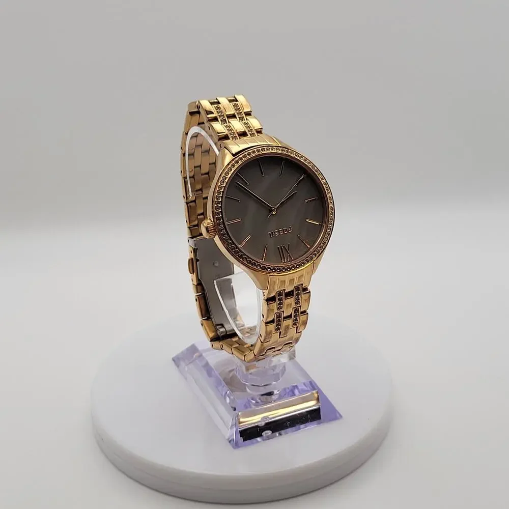 Fossil Womens Gold Tone Dark Mother of Pearl Dial Crystal Quartz Watch